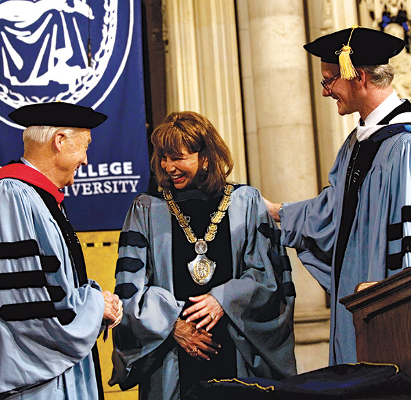 BEGINNINGS Fuhrman at her inauguration in 2007 with TC Board Co-Chairs Jack Hyland (left) and Bill Rueckert. She urged TC to “draw on our legacy of asking fundamental questions.”