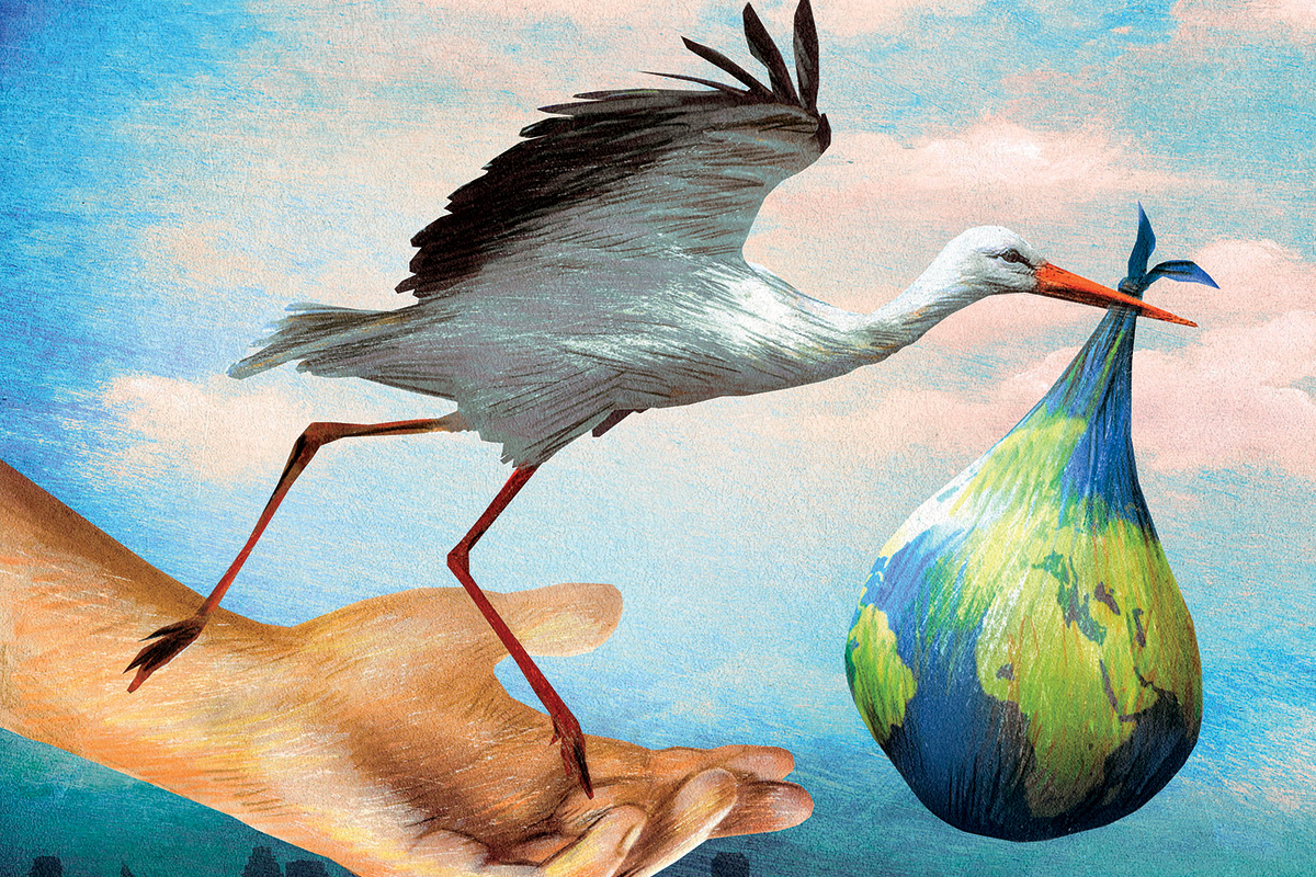 Stork with Globe Illustration (by Ale & Ale)
