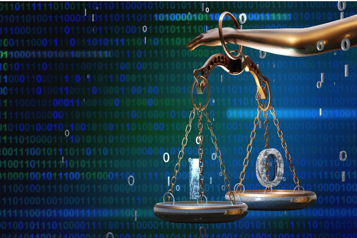 Digital rendering of a bronze arm balancing scales, one has a