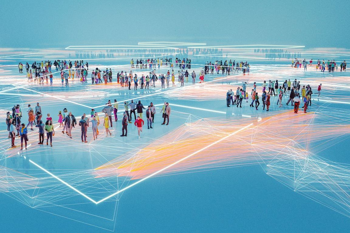 Digital rendering with several clusters of people standing in large groups. The 