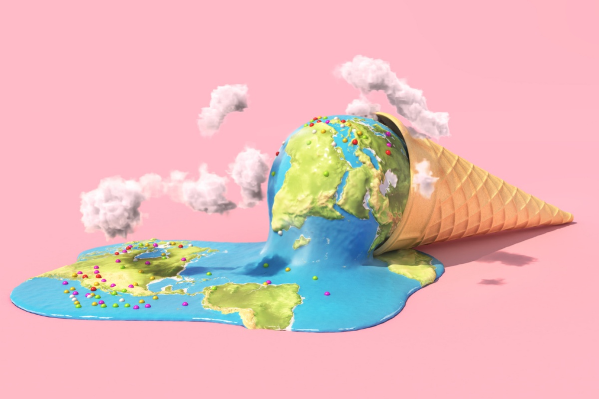 An ice cream cone lies on its side. Ice cream, stylized to look like the planet earth, is melting from the cone and pooling in front of it. the Earth ice cream has rainbow sprinkles on it and there are a small clouds floating above the melting ice cream. The image has a simple light pink background