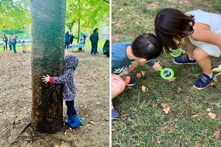 Students playing outside, engaging with nature.