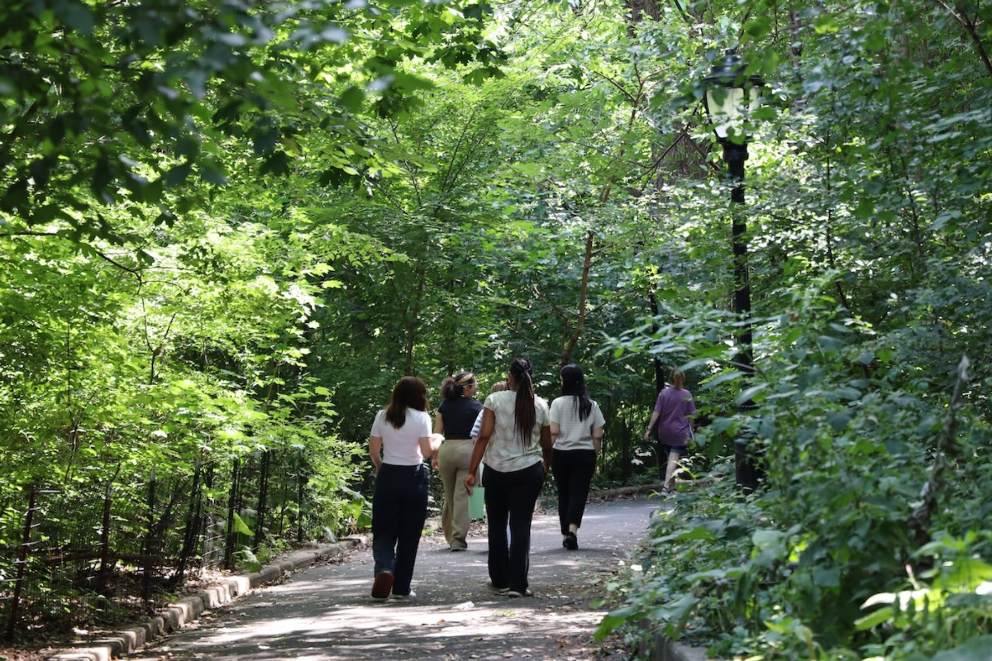 a group of people walking on a trail in Riverside park in pairs