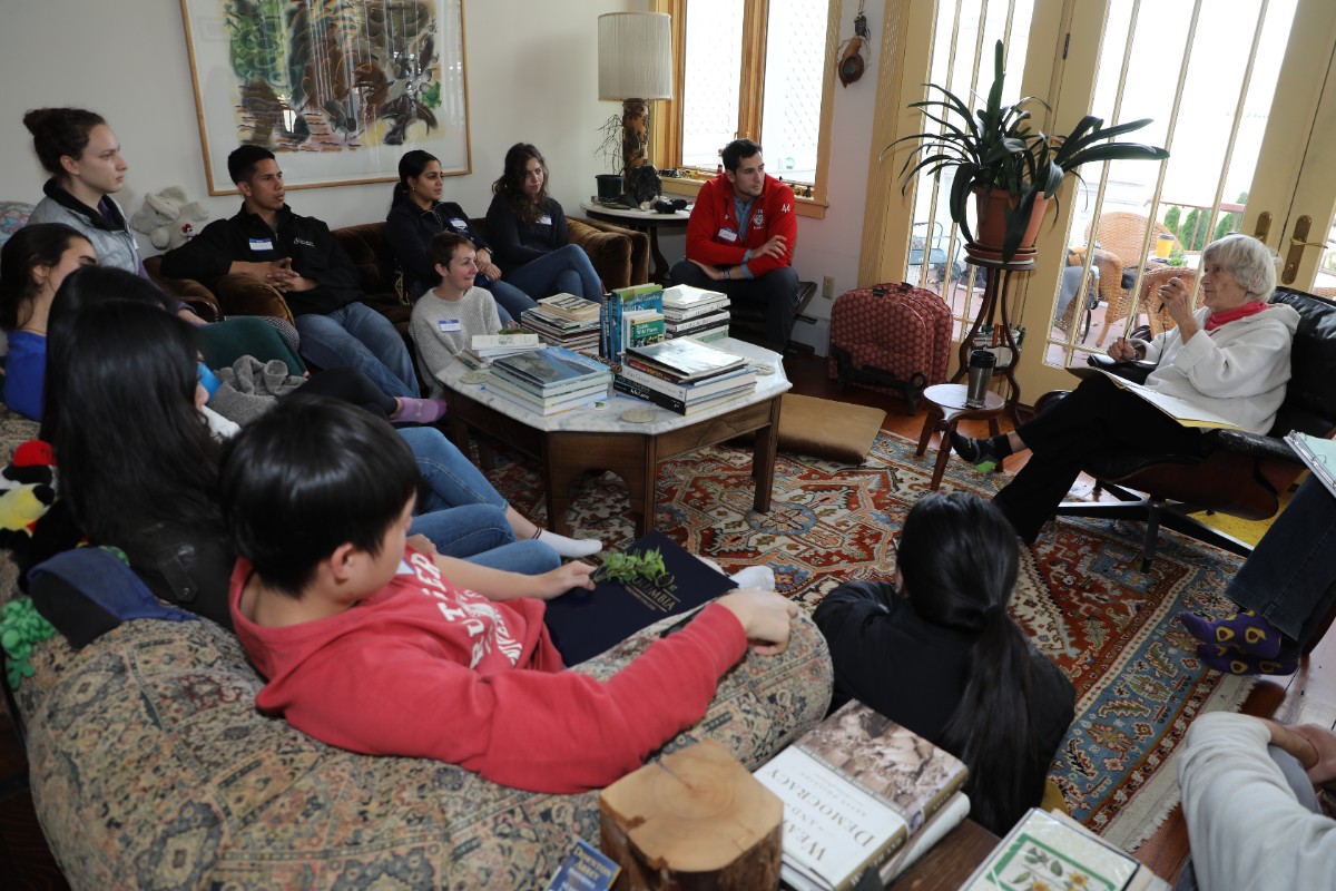 Gussow with students in her living room