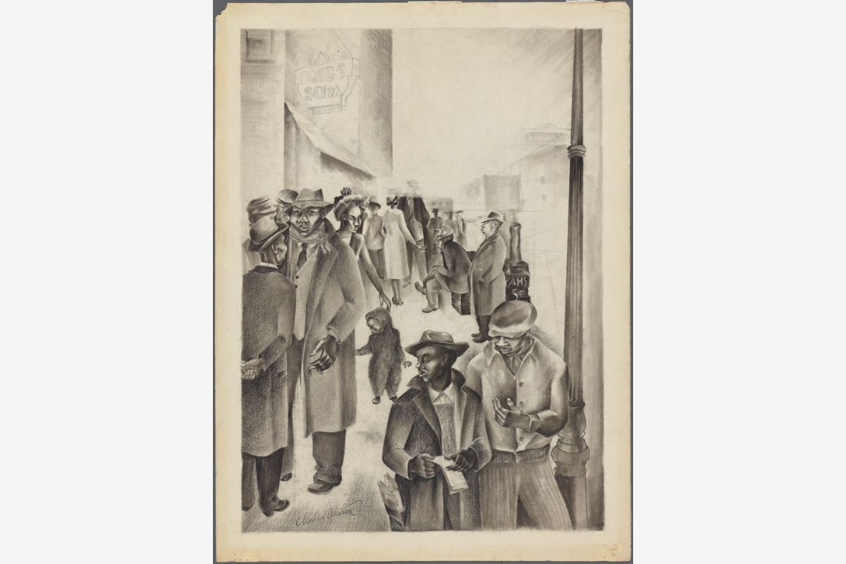 Stylized drawing of people standing on a street
