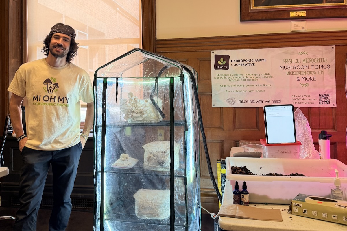 A man stands next to a growtent with mushrooms inside
