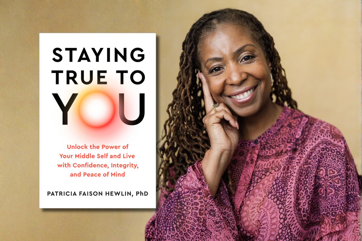 Composite image. on the right side is Patricia Hewlin, a Black woman with long wavy locs, smiling at the camera hand. The left side is a book cover that reads 