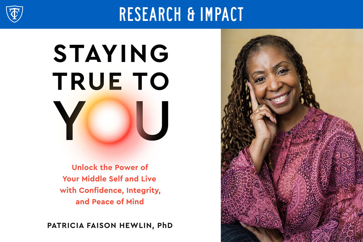 Composite image. on the right side is Patricia Hewlin, a Black woman with long wavy locs, smiling at the camera hand. The left side is a book cover that reads
