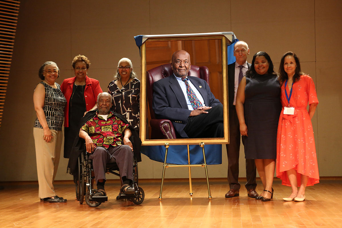 At this past summer's unveiling of his portrait, Edmund W. Gordon, seated, was joined by (from left): Janice Robinson, TC's VP for Diversity & Community Affairs; Eleanor Armour-Thomas, Gordon's former student, who is now Professor of Educational Psychology at Queens College and the Graduate School and University Center of the City University of New York; Gordon Lecturer Gloria Ladson-Billings; TC