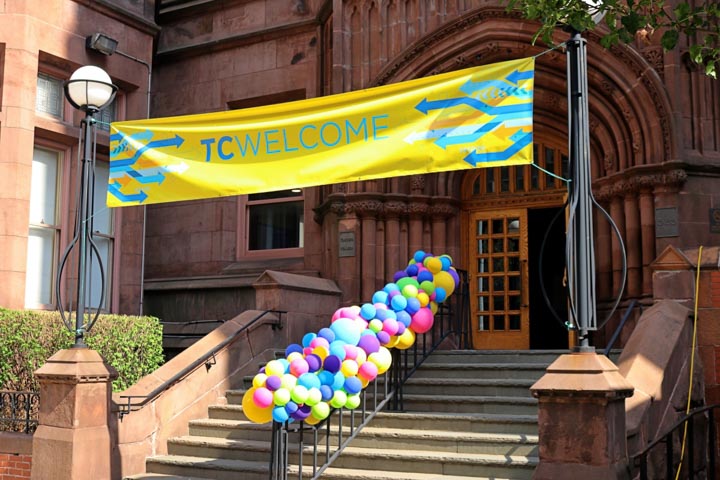 Welcome banner over Zankel Hall steps for in-person reopening