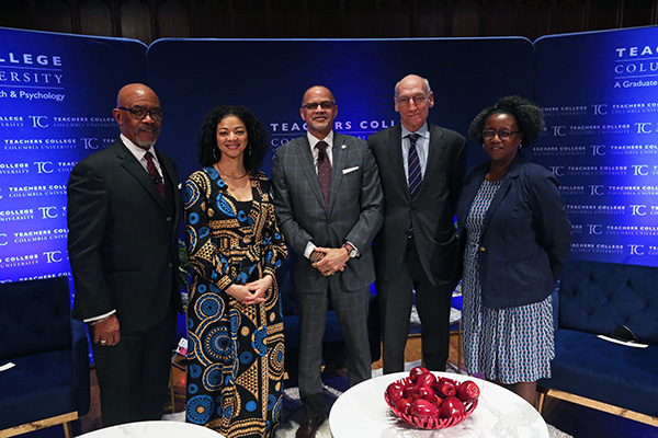 New York State Board of Regents Chancellor Lester W. Young, Jr.; BERC Founding Director Sonya Douglass Horsford; New York City Schools Chancellor David Banks; President Thomas Bailey; and Provost Stephanie Rowley