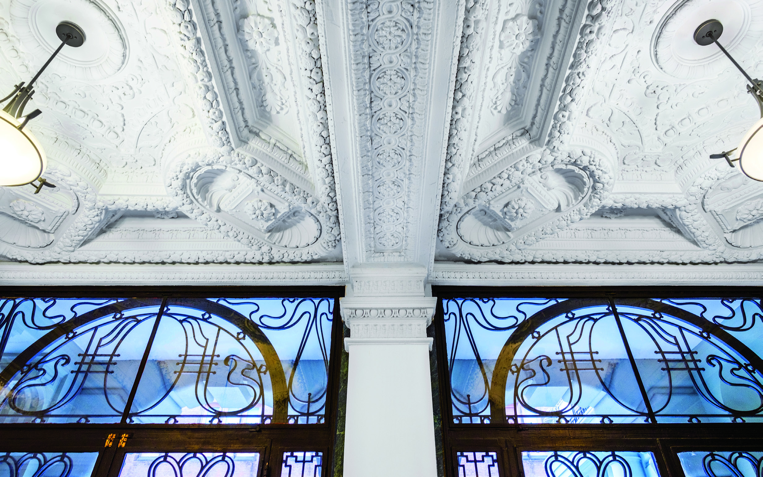 The plaster ceiling in the lobby of recently renovated Bancroft Hall, a TC residence on West 121st Street that was built in 1910 as an apartment hotel, looks in mint condition.