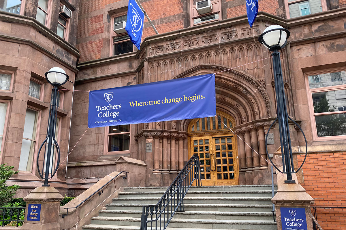 Zankel entrance with Where True Change Begins signs