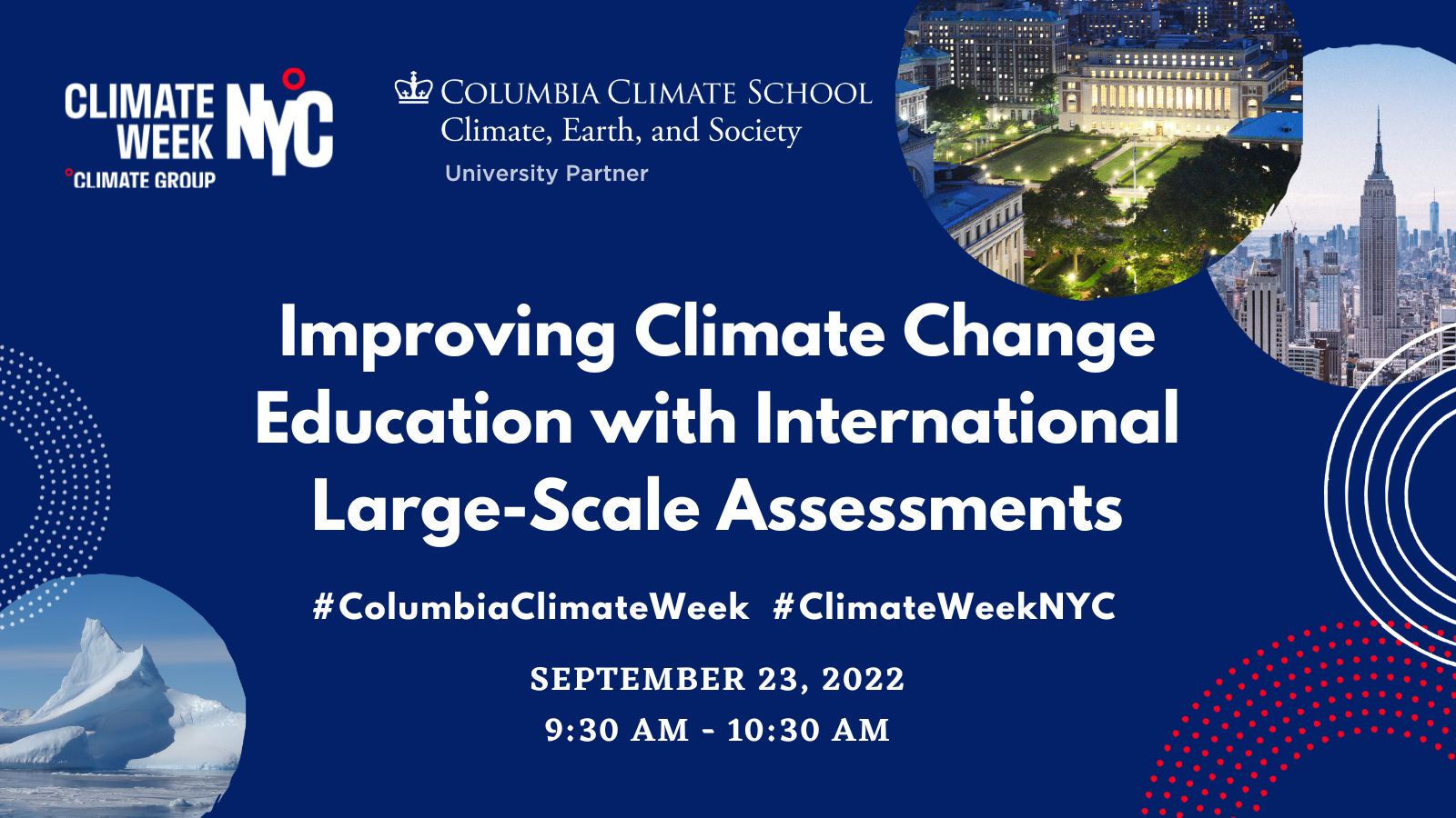 Event Flyer for Climate Week NYC | Improving Climate Change Education with International Large-Scale Assessments; For more details, refer to the event descriptions below.